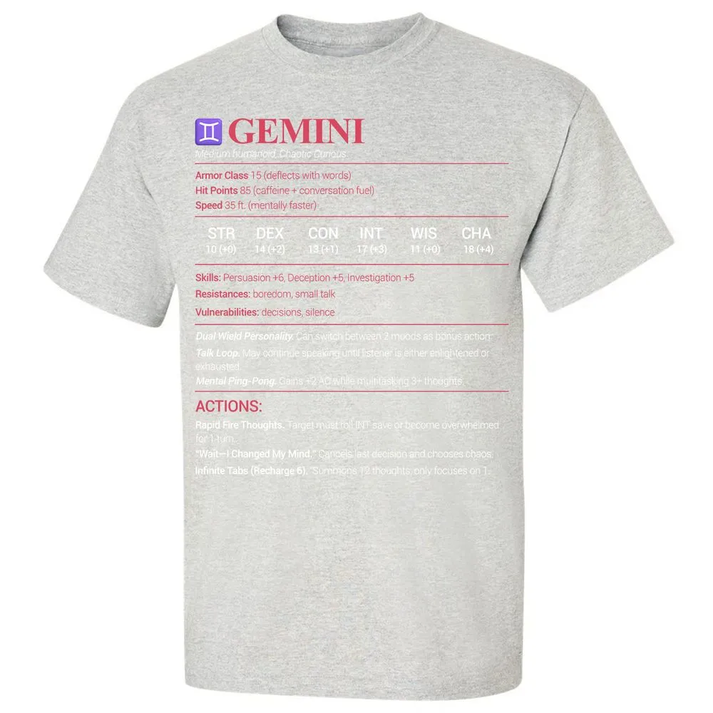 Gemini Stats Classic Unisex T-Shirt - Ash - 2