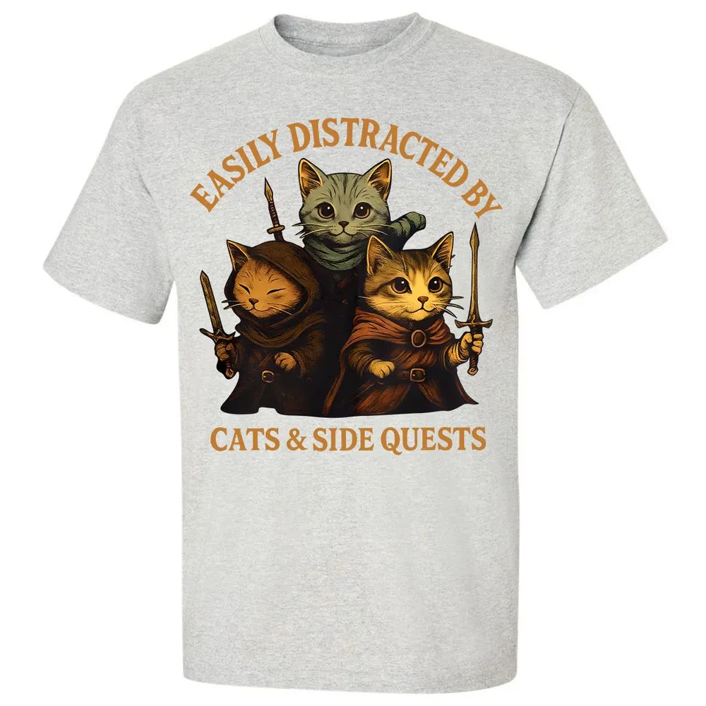 Easily Distracted By Cats & Side Quests Classic Unisex T-Shirt - Ash - 2