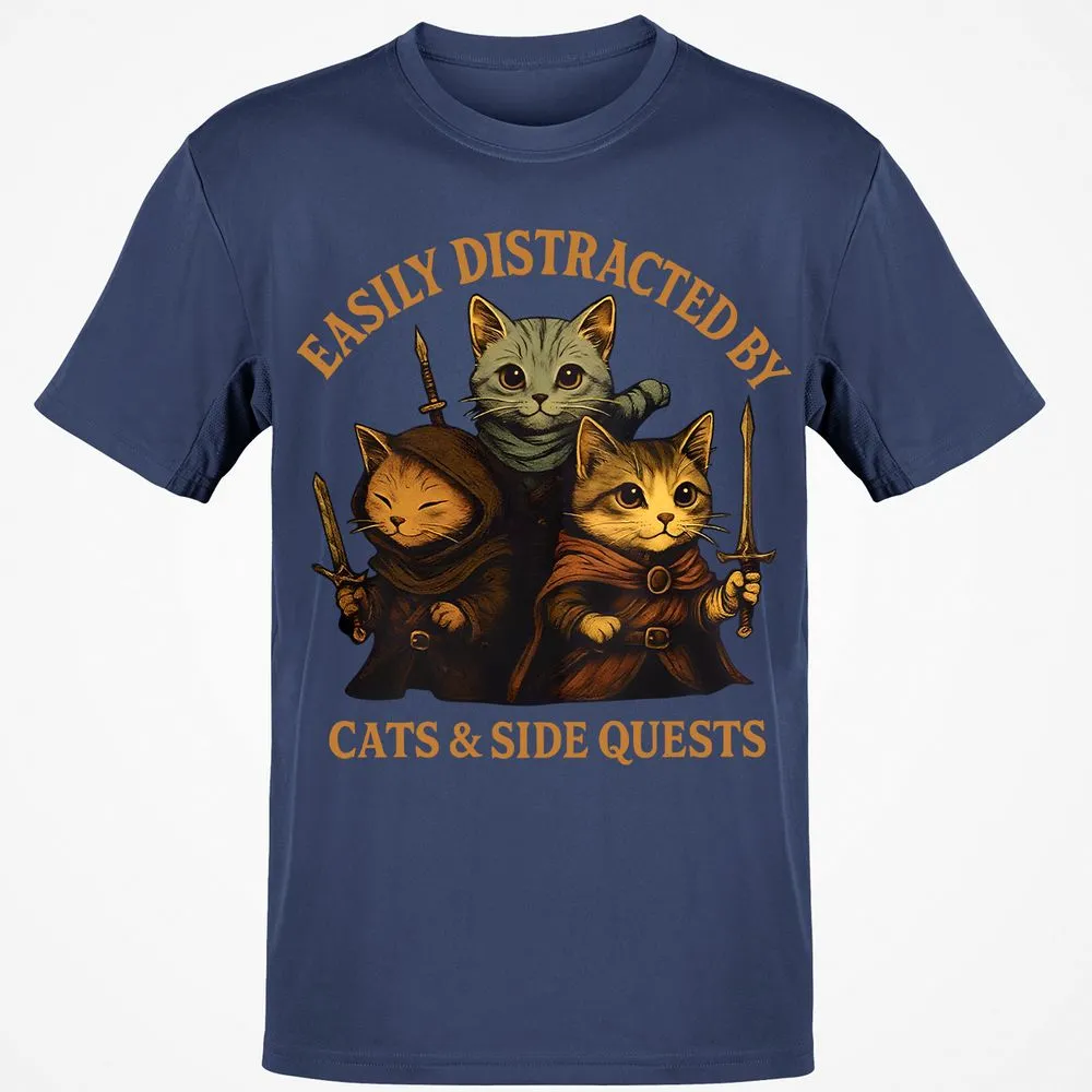 Easily Distracted By Cats & Side Quests Classic Unisex T-Shirt - Navy - 7