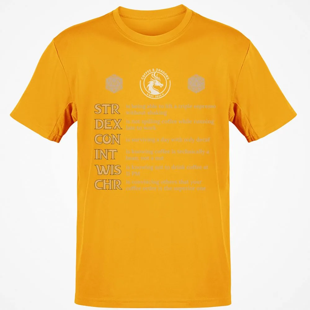 Coffee & Dragons RPG Stats Classic Unisex T-Shirt - Gold - 4