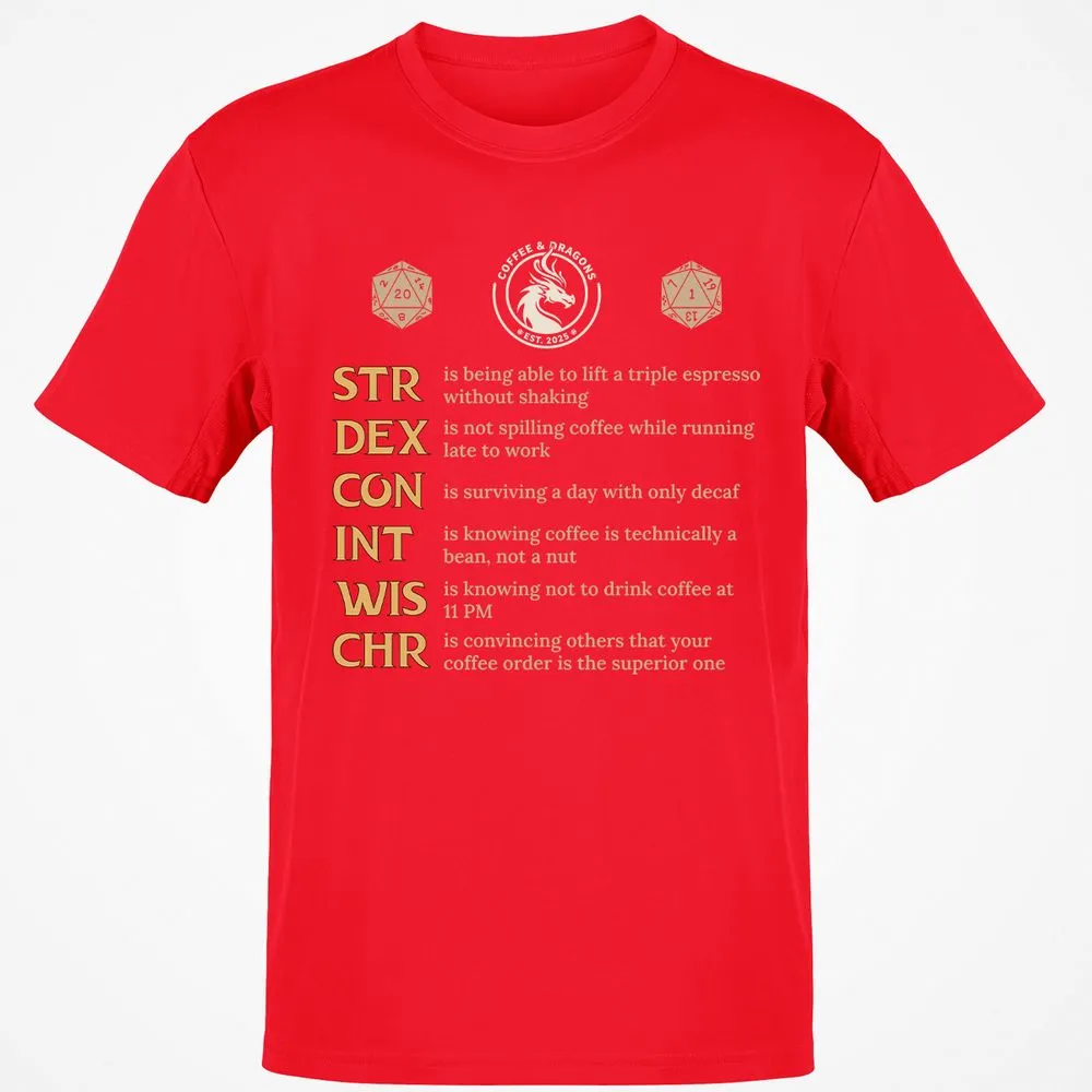 Coffee & Dragons RPG Stats Classic Unisex T-Shirt - Red - 10