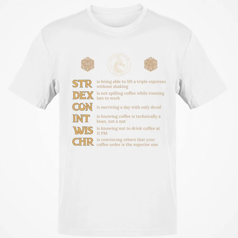 Coffee & Dragons RPG Stats Classic Unisex T-Shirt - White - 12