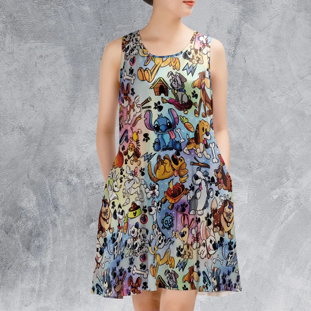 Cartoon Dogs Sleeveless Dress - 2
