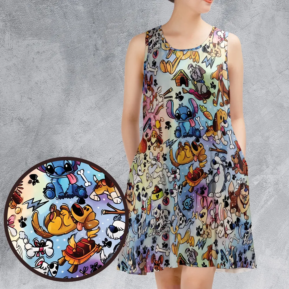 Cartoon Dogs Sleeveless Dress - 1