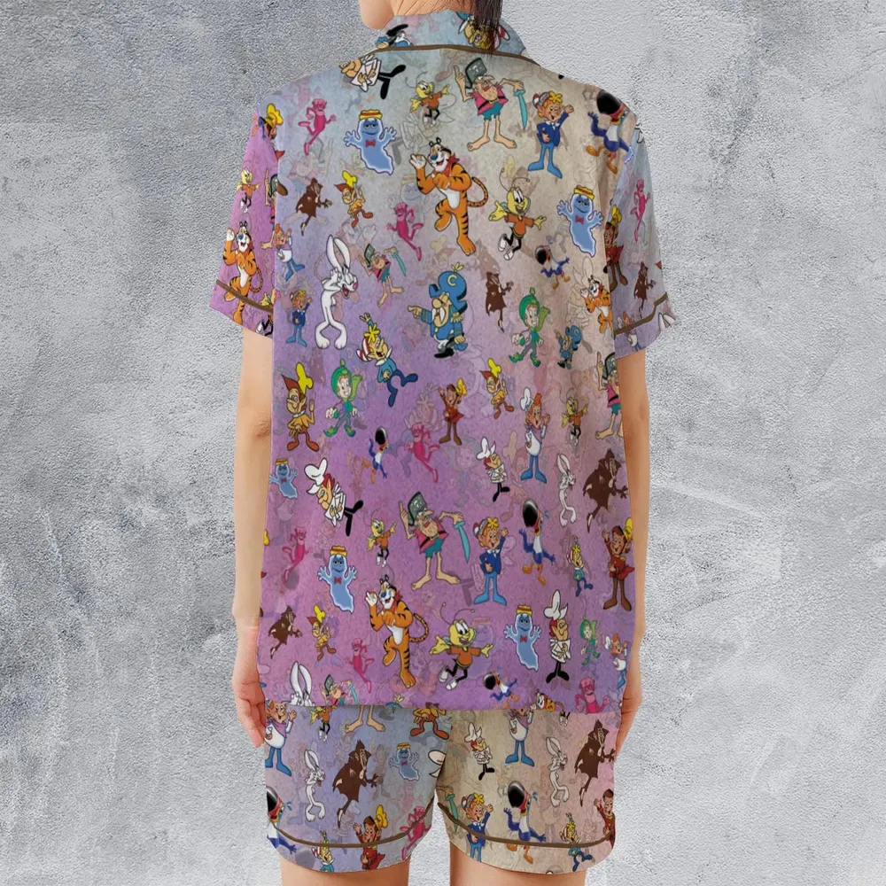 80s 90s Commercial Cereal Mascots Satin Short-Sleeve Pajamas Set - 2