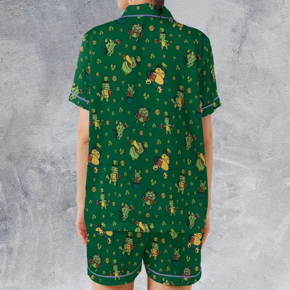 Happy St. Patrick day Pokemon Green Satin Short-Sleeve Pajamas Set - 2