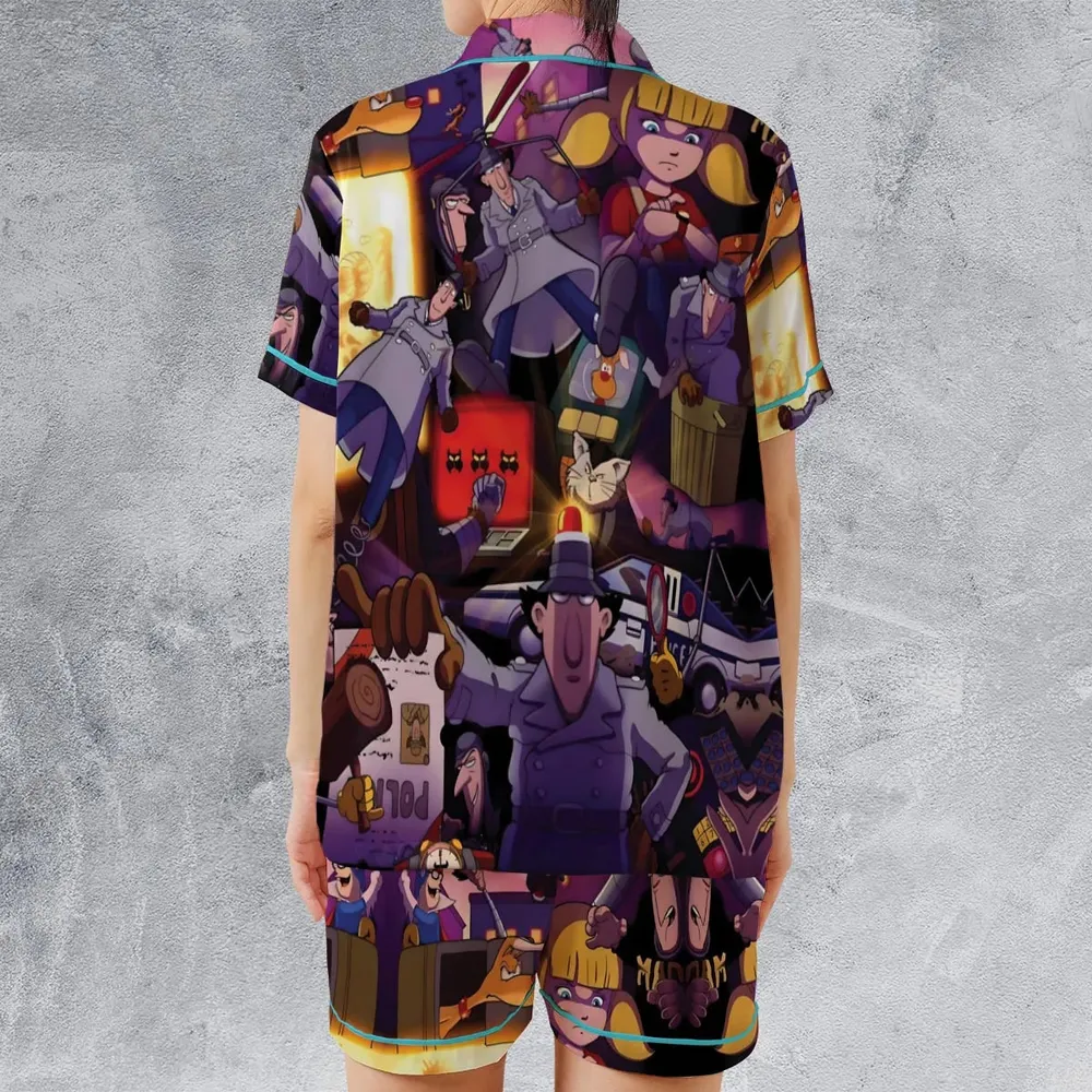 80s Cartoon Inspector Gadget Collage Satin Short-Sleeve Pajamas Set - 2