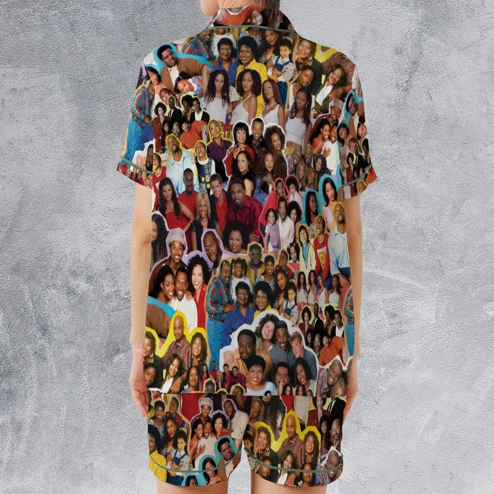 Old Black Sitcom Shows Collage Satin Short-Sleeve Pajamas Set - 2