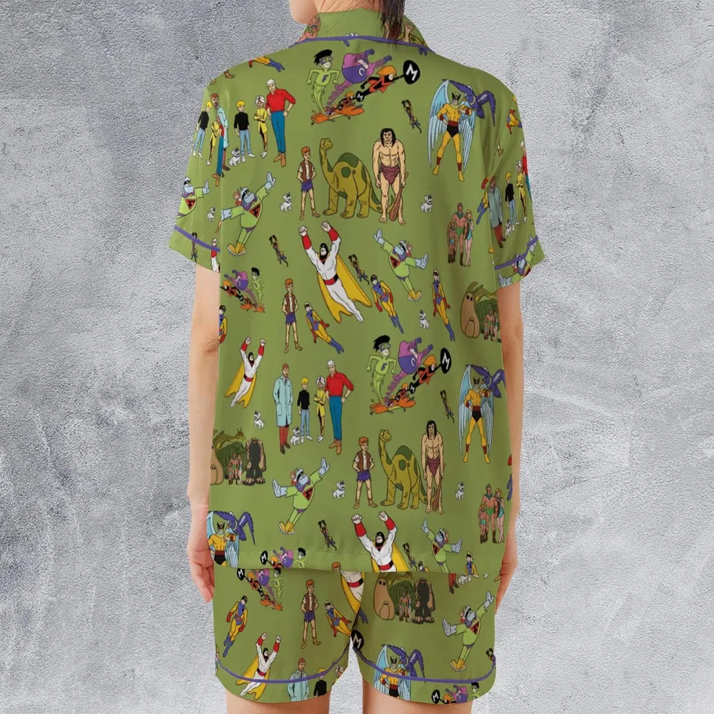 60s Vintage Characters Satin Short-Sleeve Pajamas Set - 2
