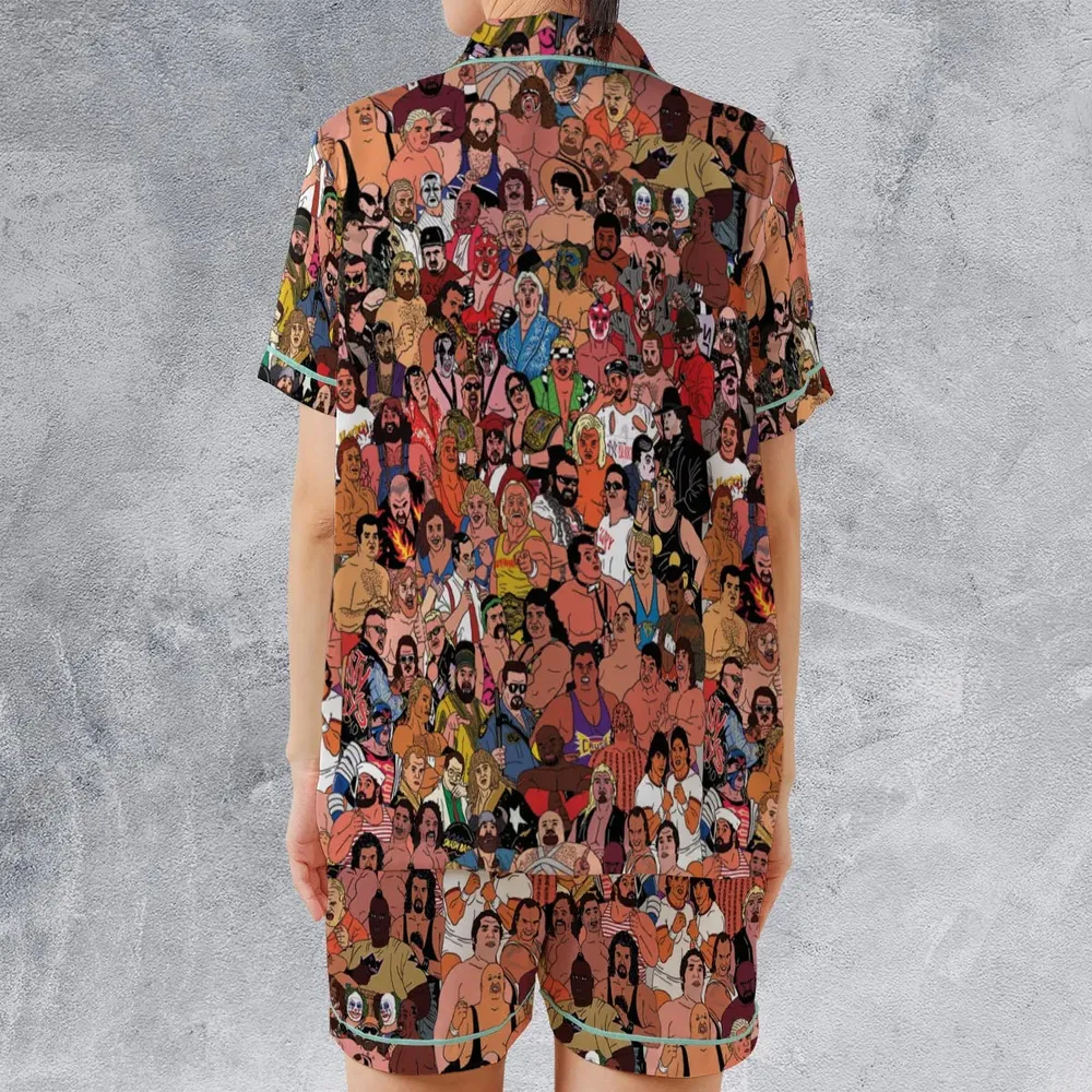 90s Professional Wrestlers Satin Short-Sleeve Pajamas Set - 2