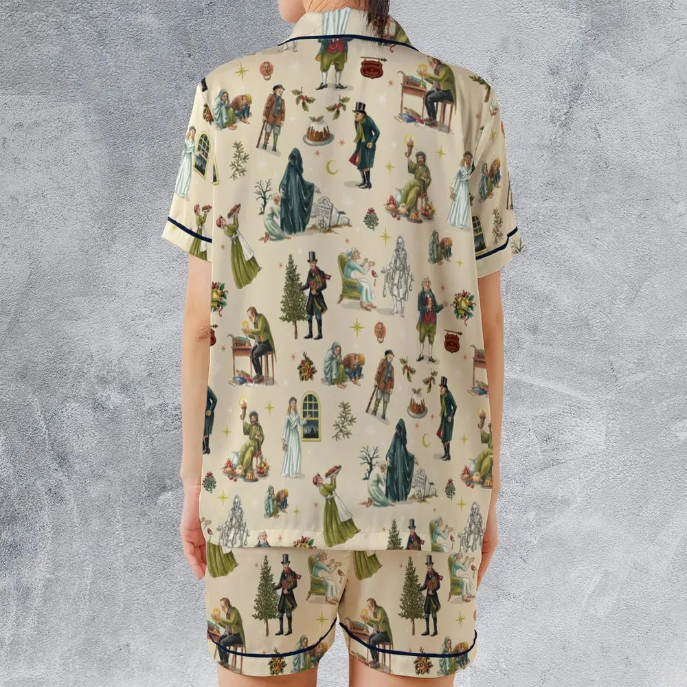 A Christmas Carol Characters Pattern Satin Short-Sleeve Pajamas Set - 2