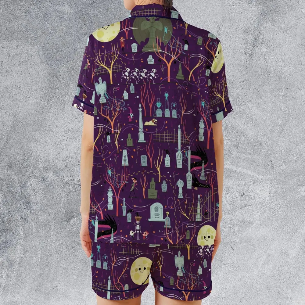 Nostalgic 80s 90s Spooky Scene Satin Short-Sleeve Pajamas Set - 2