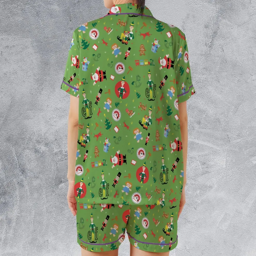ELF Christmas Pattern Satin Short-Sleeve Pajamas Set - 2