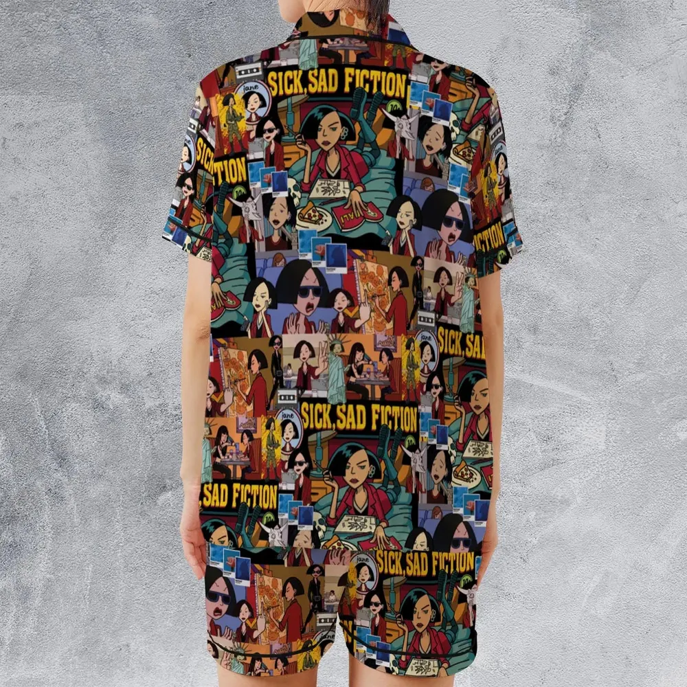 Daria Sick Sad Fiction Pattern Satin Short-Sleeve Pajamas Set - 2