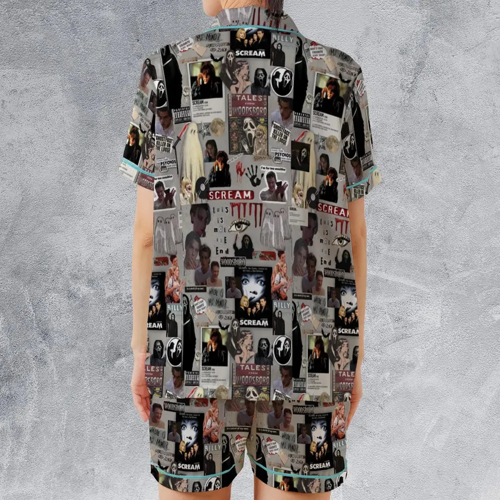 Crime Scene Scream Aesthetic Pattern Satin Short-Sleeve Pajamas Set - 2