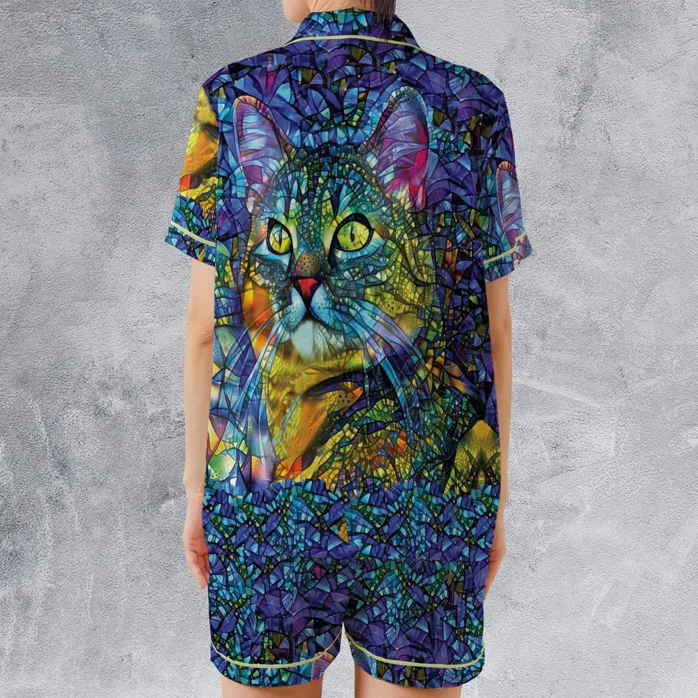Cat Stained Glass Satin Short-Sleeve Pajamas Set - 2
