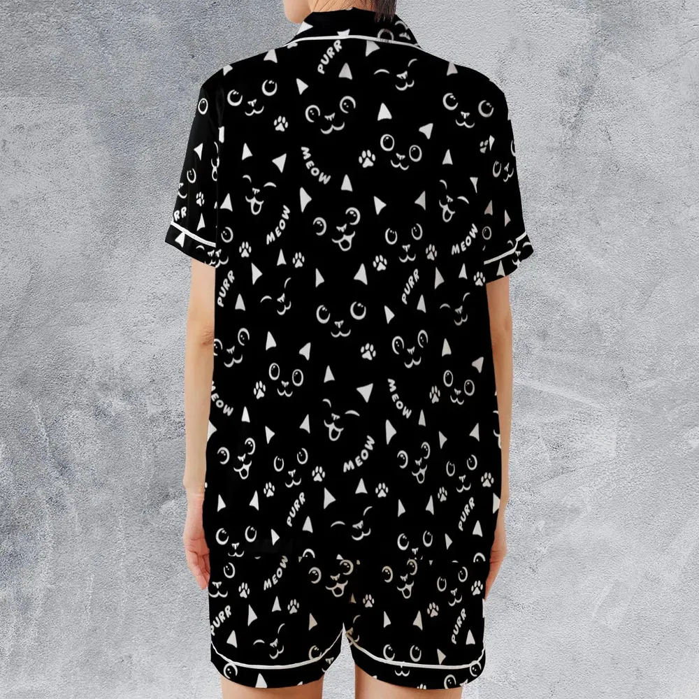 Black Cats Pattern Satin Short-Sleeve Pajamas Set - 2