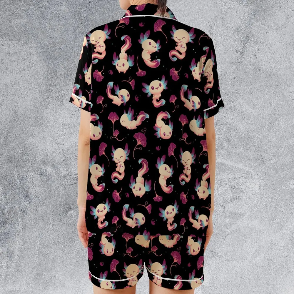 Axolotl Wonders Cute Salamanders Pattern Satin Short-Sleeve Pajamas Set - 2