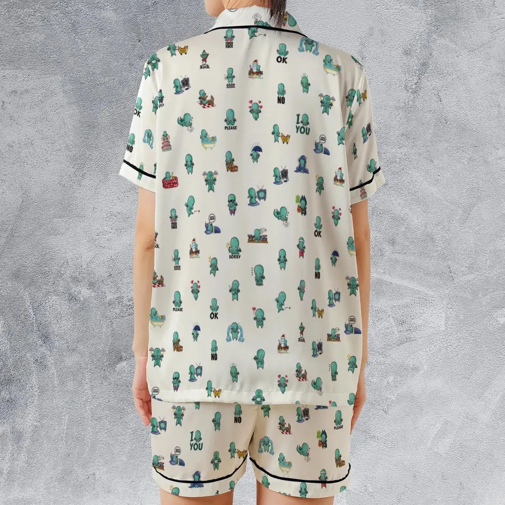 Kawai Cthulhu Pattern Satin Short-Sleeve Pajamas Set - 2