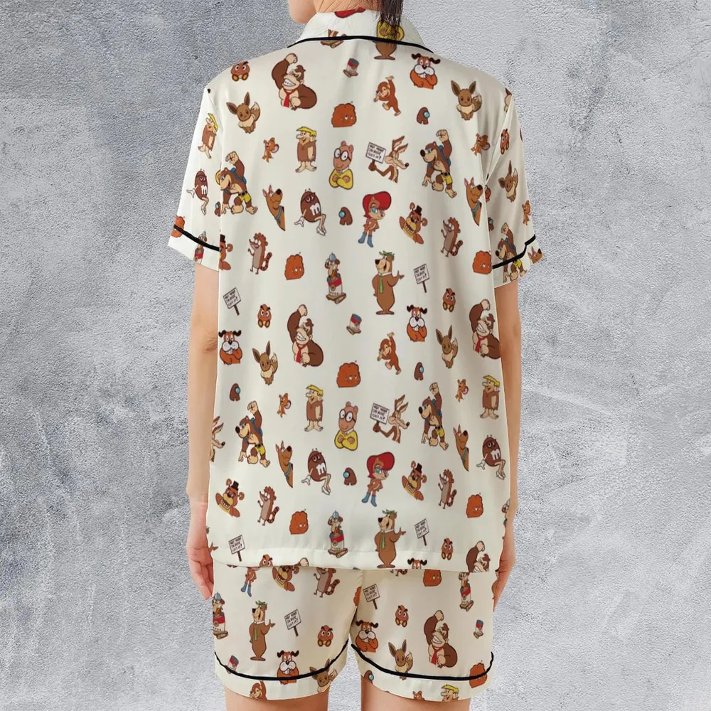 Famous Cartoon Characters in Brown Satin Short-Sleeve Pajamas Set - 2