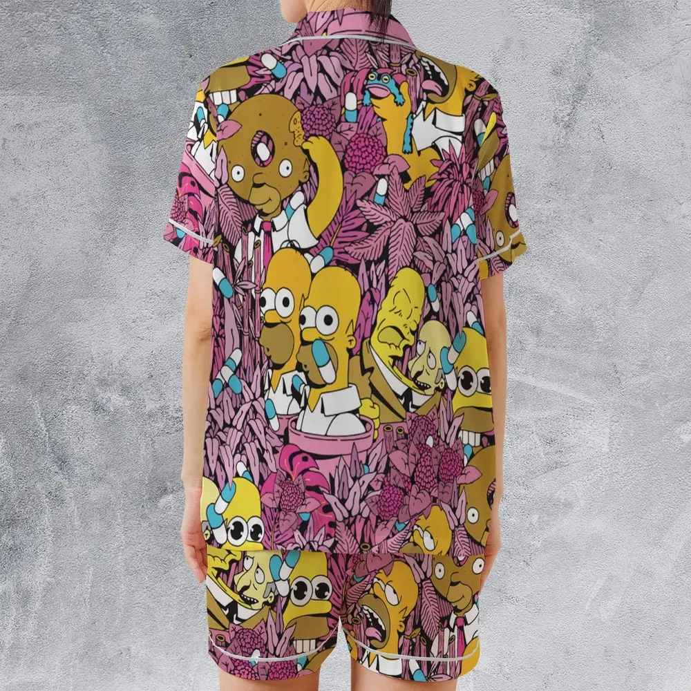 Homer Simpson In Flower Bush The Simpsons Satin Short-Sleeve Pajamas Set - 2
