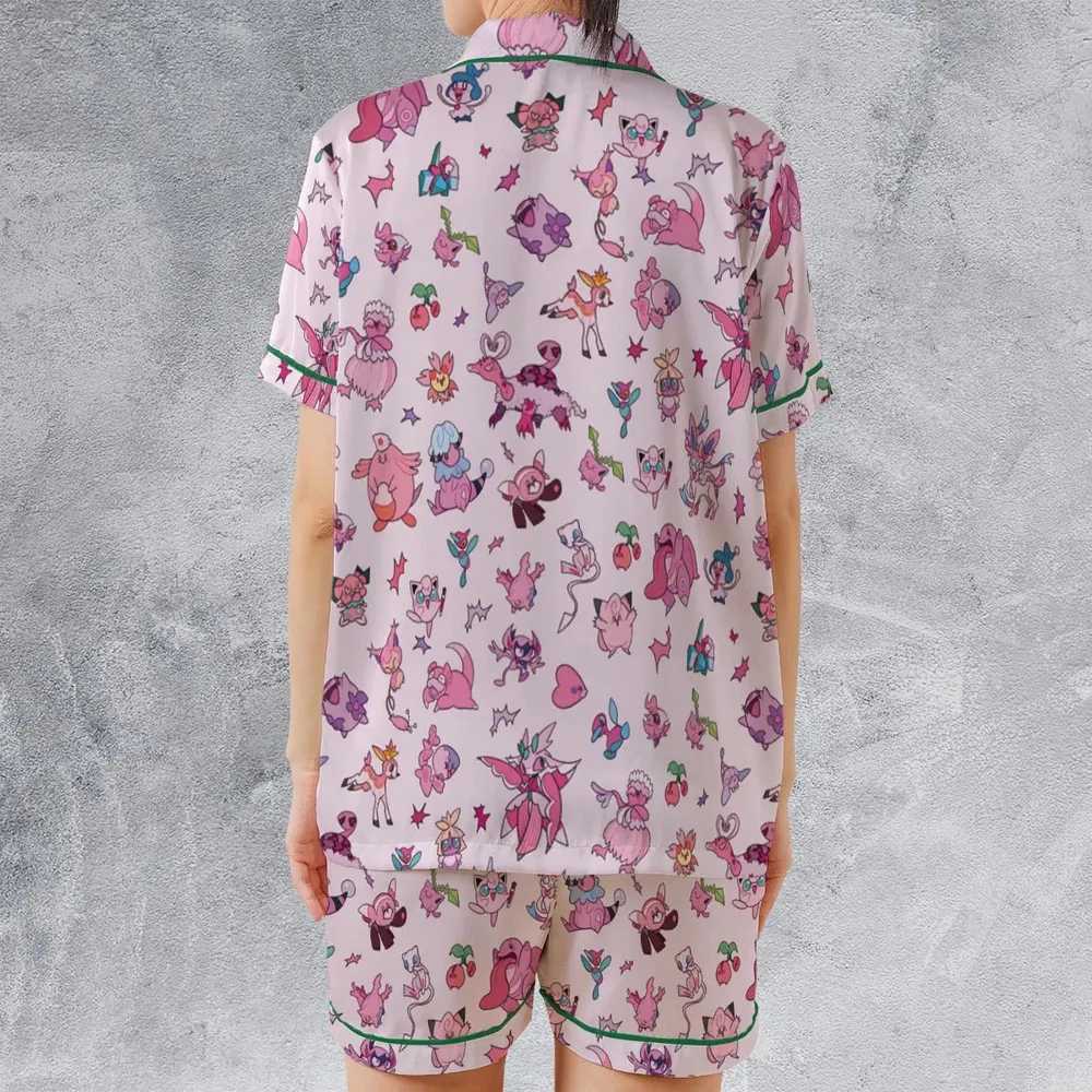 Team Pink Pokemon Pattern Satin Short-Sleeve Pajamas Set - 2