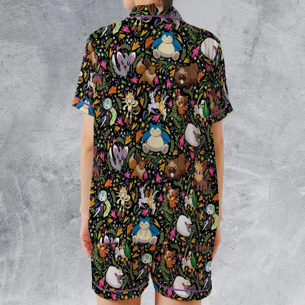 Floral Snorlax Bidoof Eevee Meloetta Pokemon Satin Short-Sleeve Pajamas Set - 2