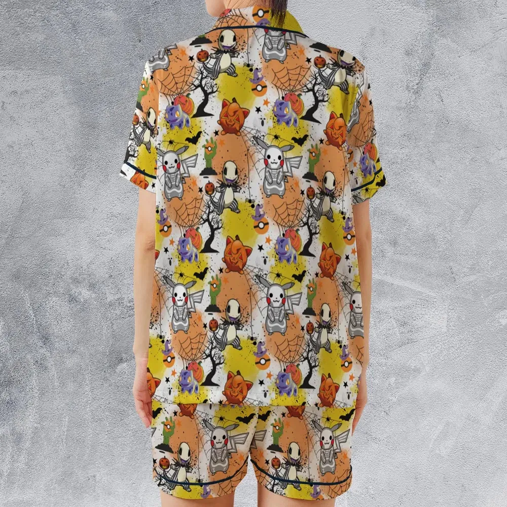 Spooky Costume Pikachu Charmander Jigglypuff Bulbasaur Pokemon Satin Short-Sleeve Pajamas Set - 2