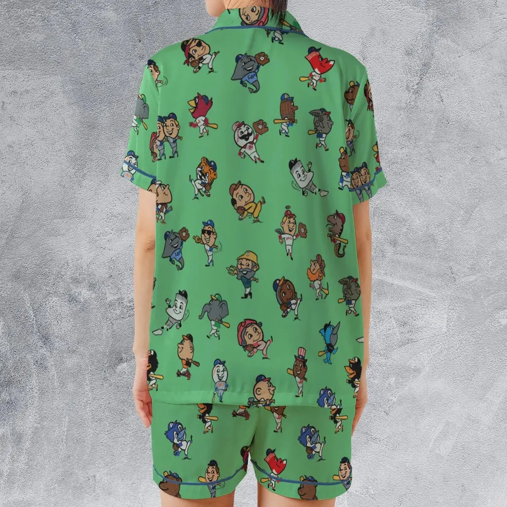Baseball Mascot Pattern Satin Short-Sleeve Pajamas Set - 2