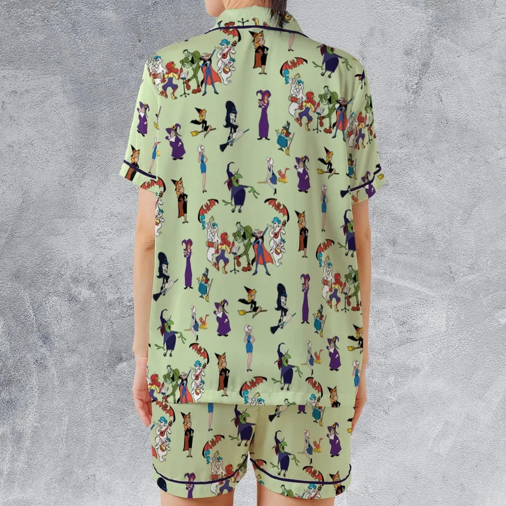 70s Witches Cartoon Characters Satin Short-Sleeve Pajamas Set - 2