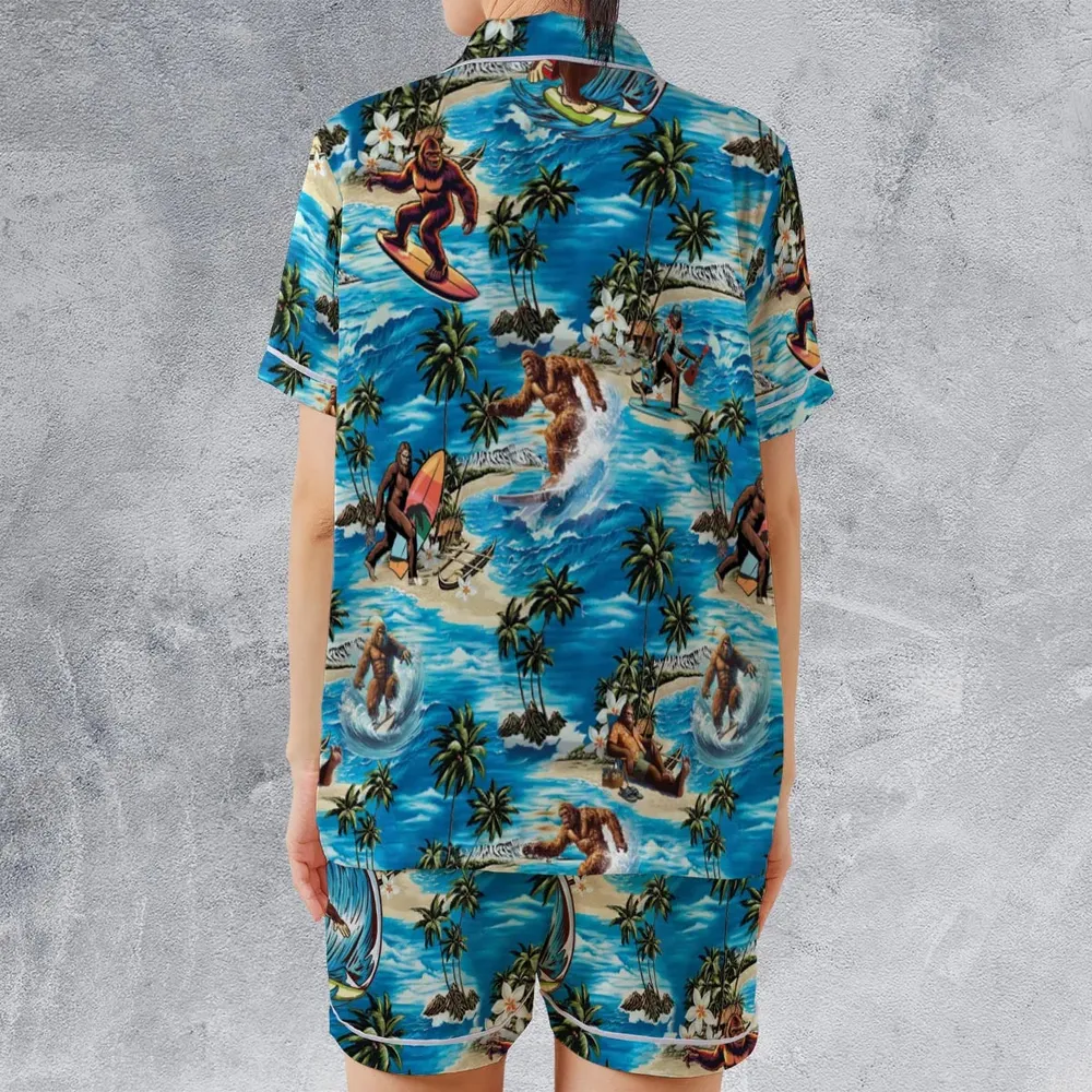 Bigfoot Surfing Summer Vibes Satin Short-Sleeve Pajamas Set - 2