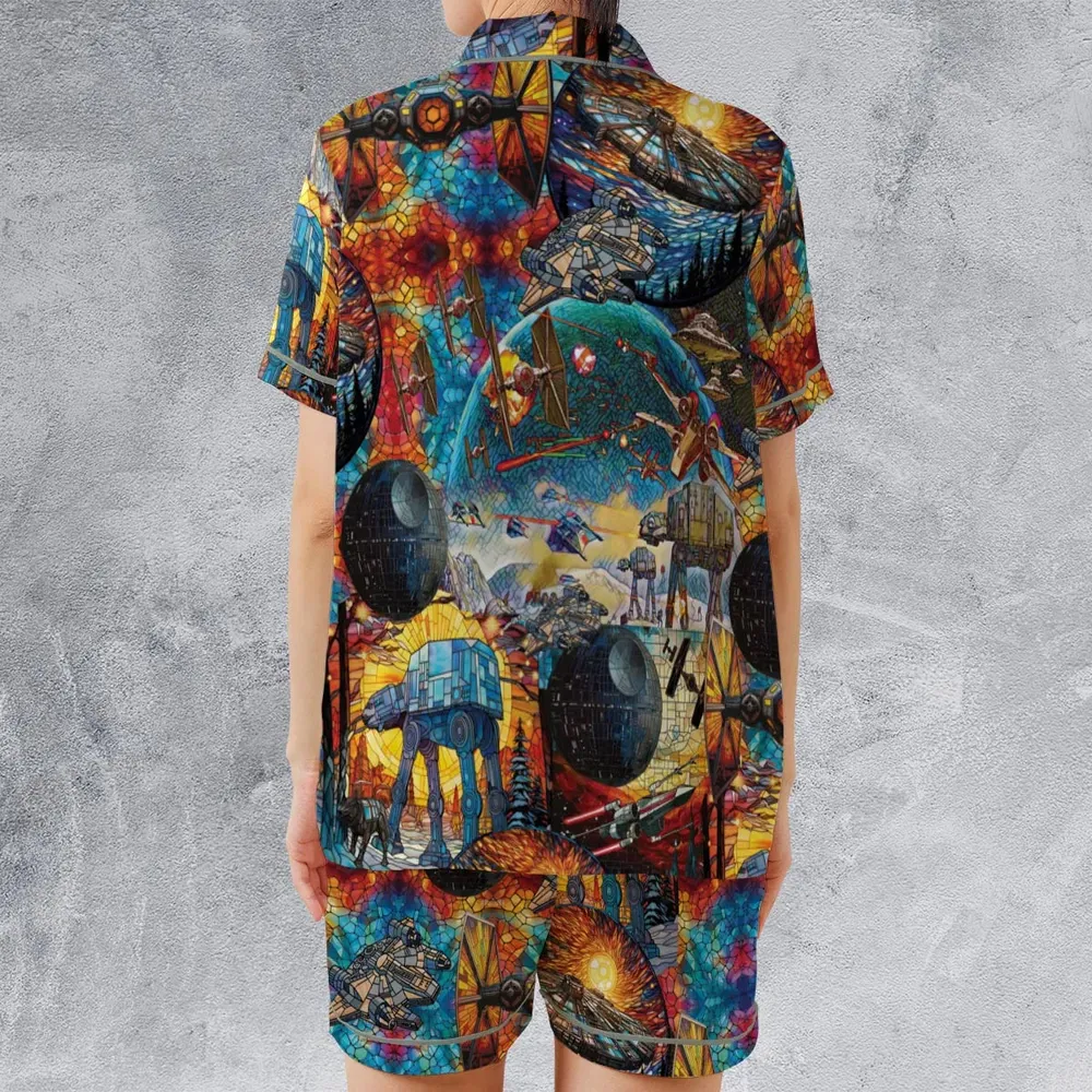 Spaceships Death Star Suncatcher Glass Satin Short-Sleeve Pajamas Set - 2