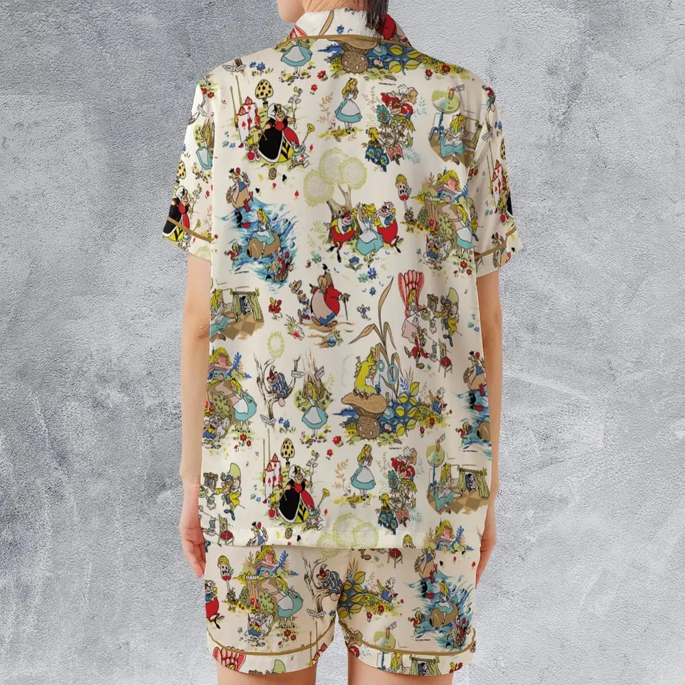 Alice In Wonderland Pattern Satin Short-Sleeve Pajamas Set - 2