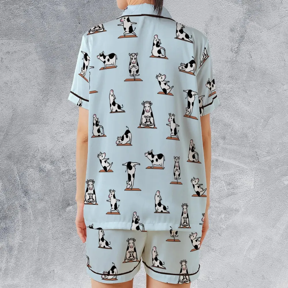 Moo Yoga Pattern Satin Short-Sleeve Pajamas Set - 2