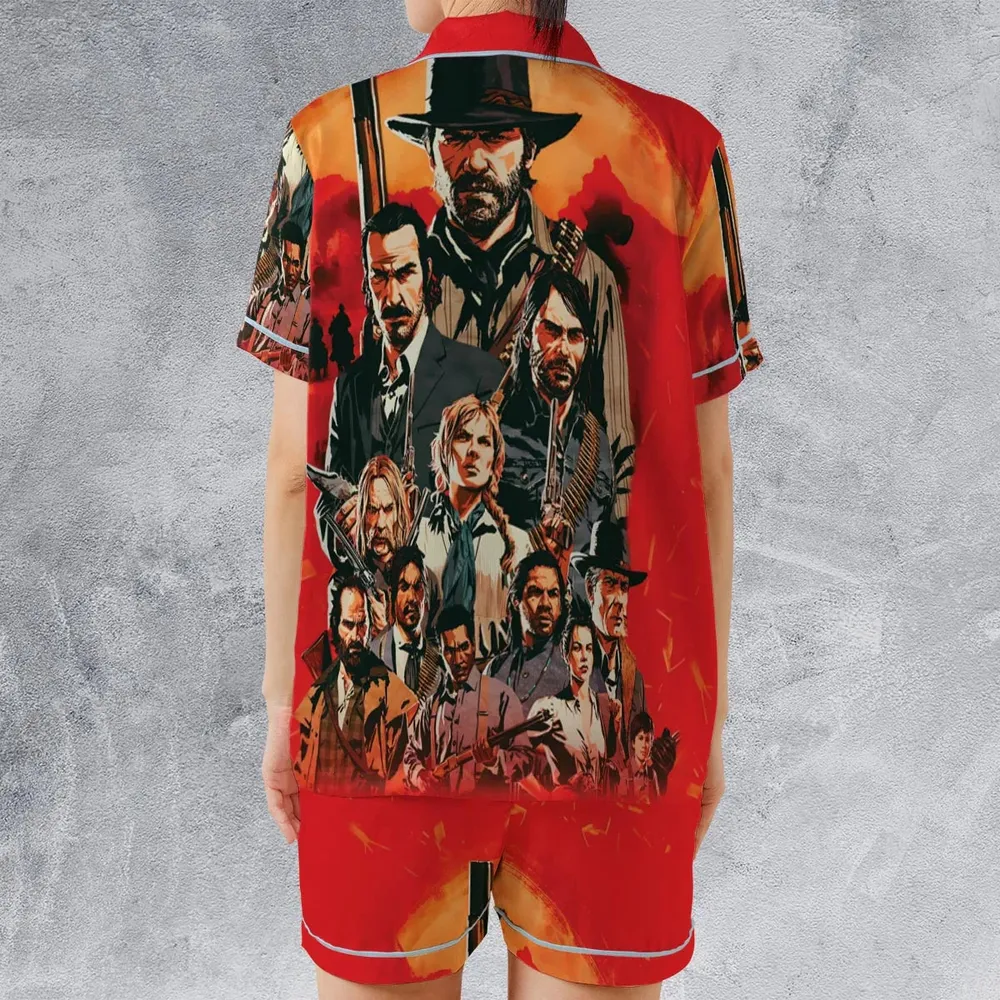 Red Dead Satin Short-Sleeve Pajamas Set - 2