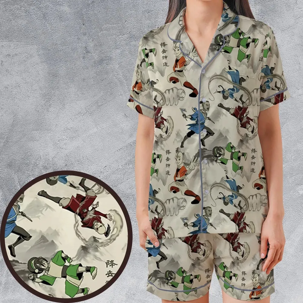 Aang Katara Toph Beifong Sokka Avatar The Last Airbender Satin Short-Sleeve Pajamas Set - 1