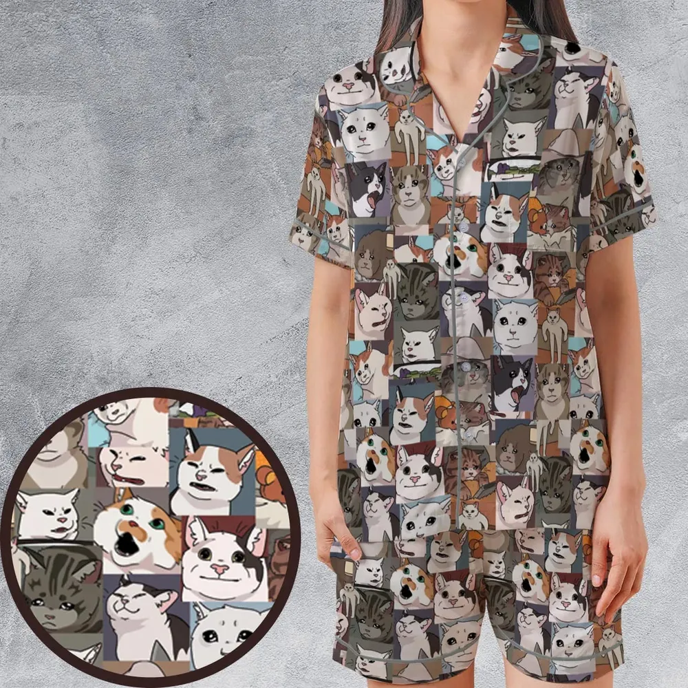 Funny Cat Internet Meme Satin Short-Sleeve Pajamas Set - 1