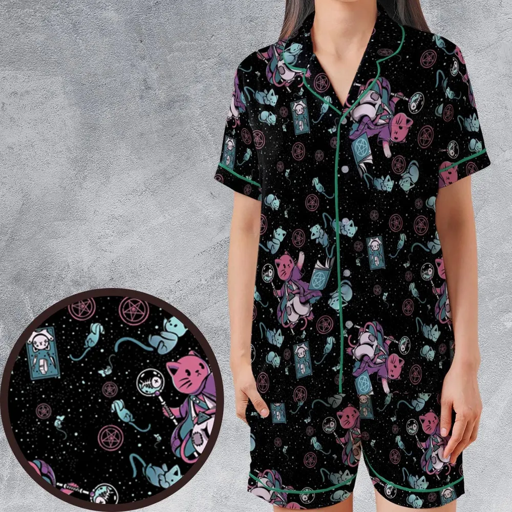 Necromancer Cat Pattern Satin Short-Sleeve Pajamas Set - 1