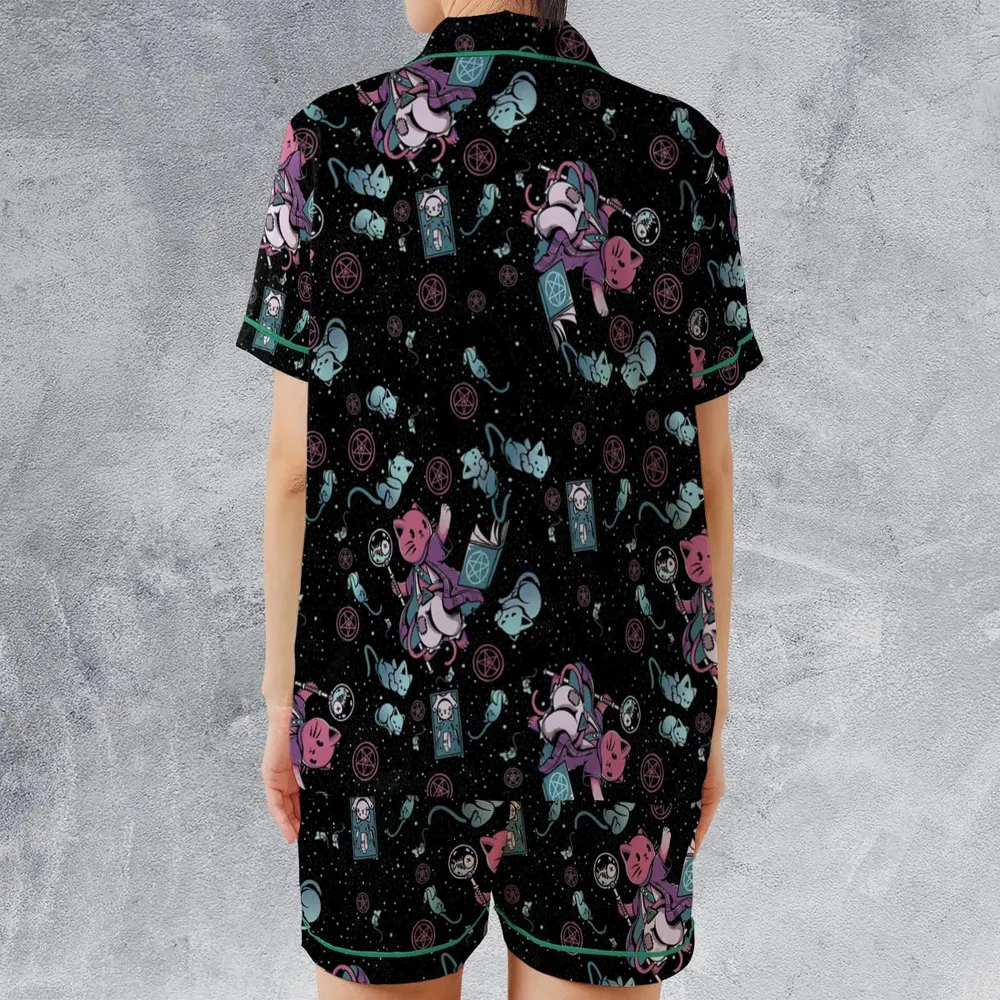 Necromancer Cat Pattern Satin Short-Sleeve Pajamas Set - 2