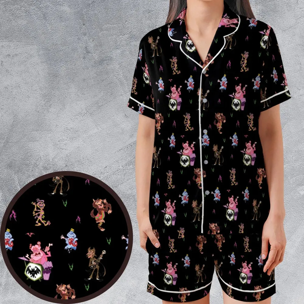 Monsters Cereal Pattern Satin Short-Sleeve Pajamas Set - 1