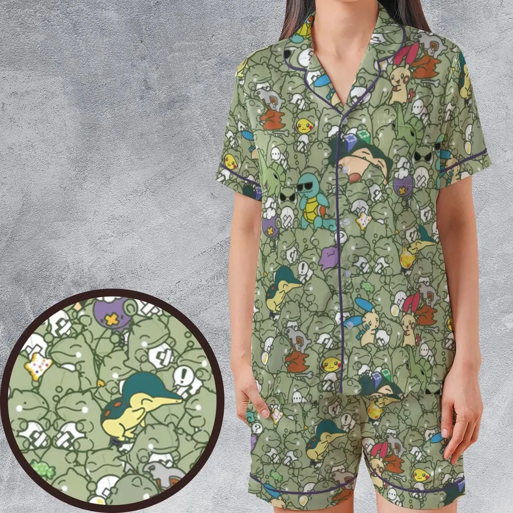Epic Pokemon Pattern Satin Short-Sleeve Pajamas Set - 1