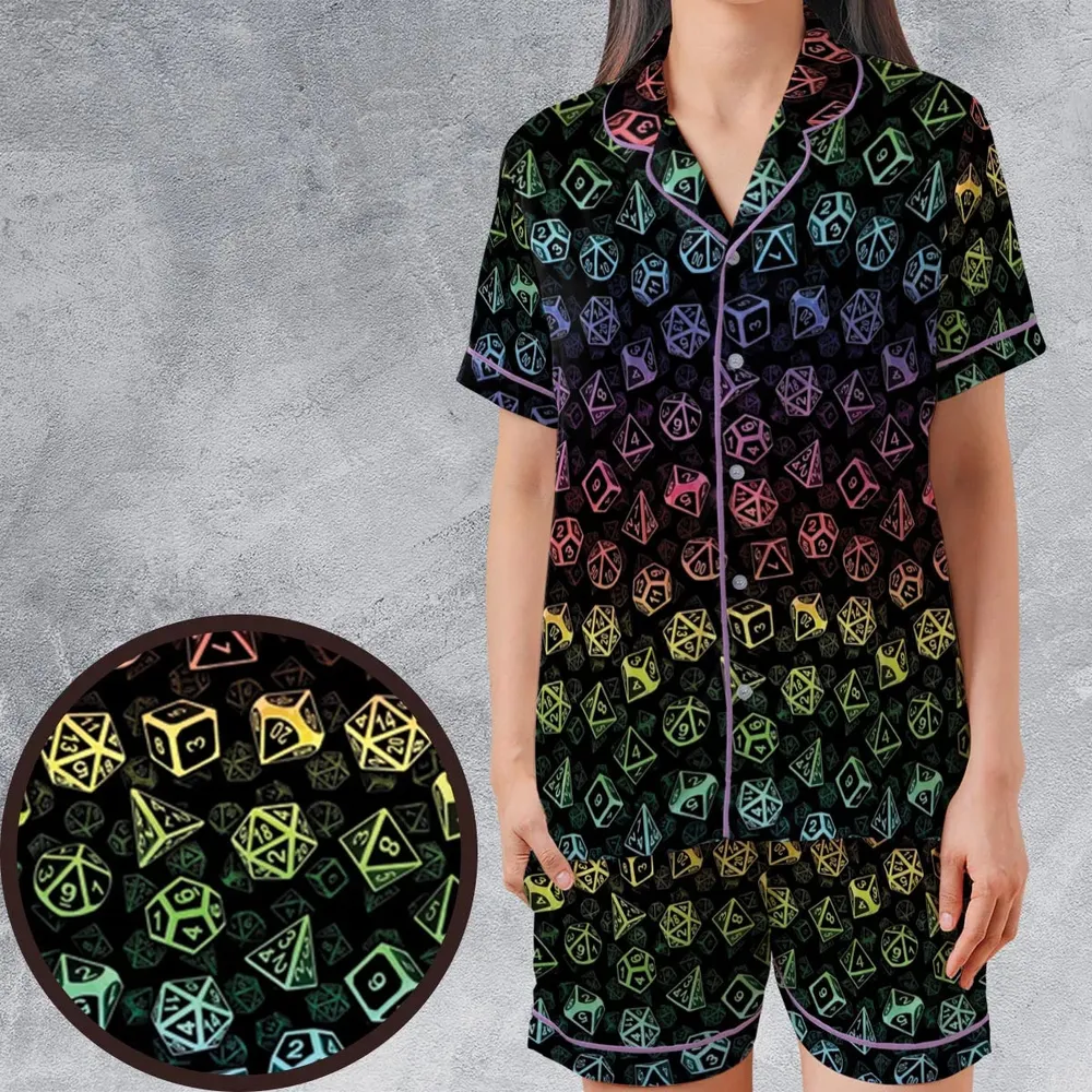 DnD Rainbow Dice Set Pattern Satin Short-Sleeve Pajamas Set - 1