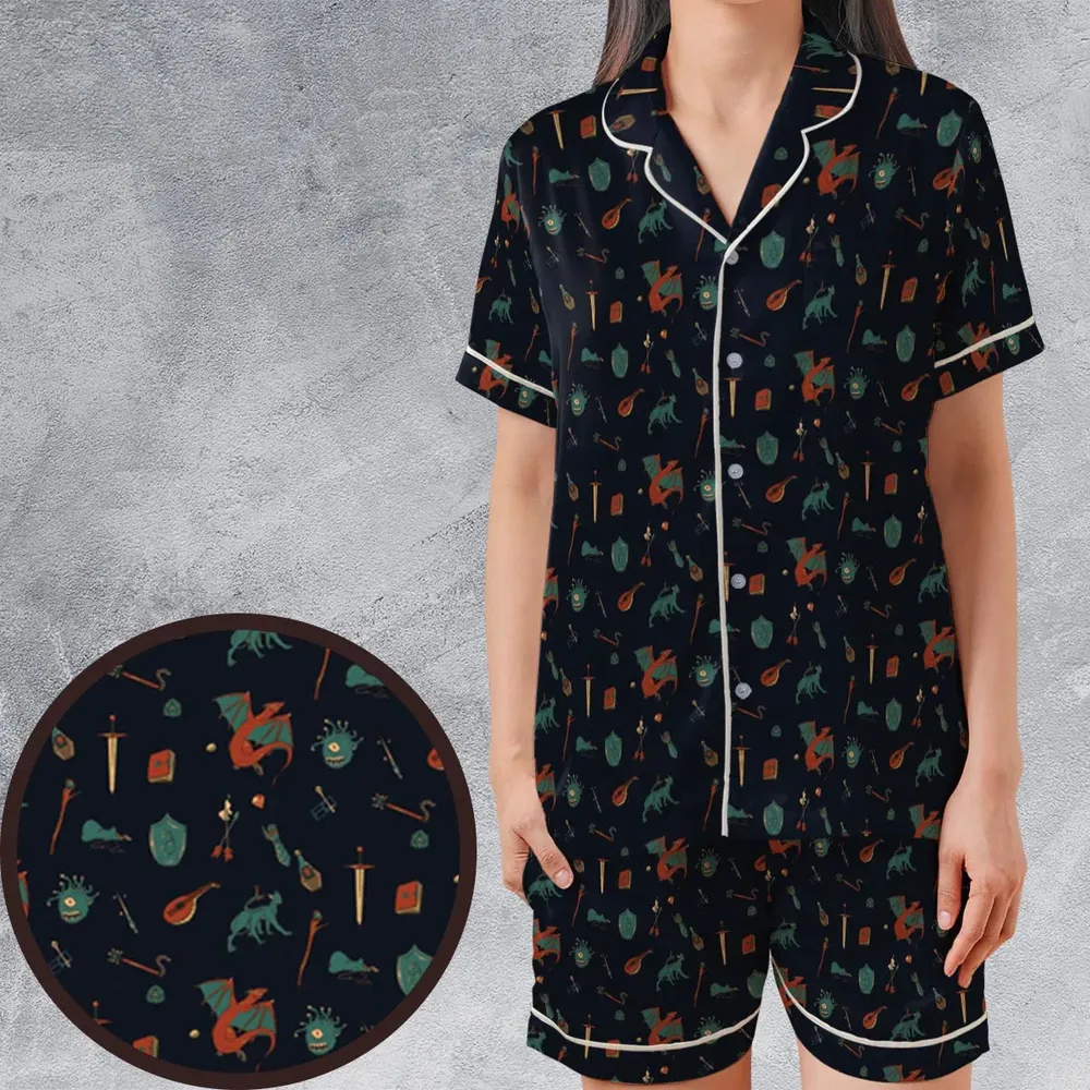 DnD Items and Monsters Pattern Satin Short-Sleeve Pajamas Set - 1