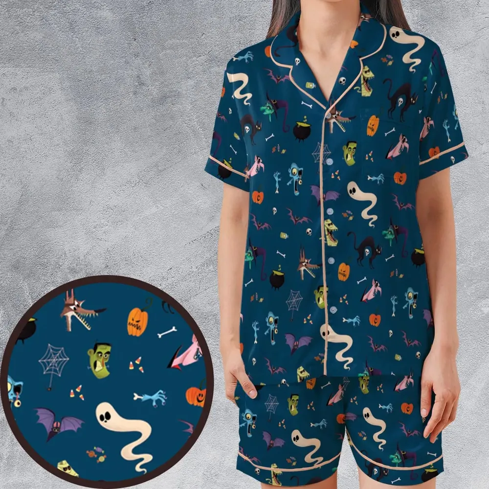 Cute Spooky Classic Monster Satin Short-Sleeve Pajamas Set - 1