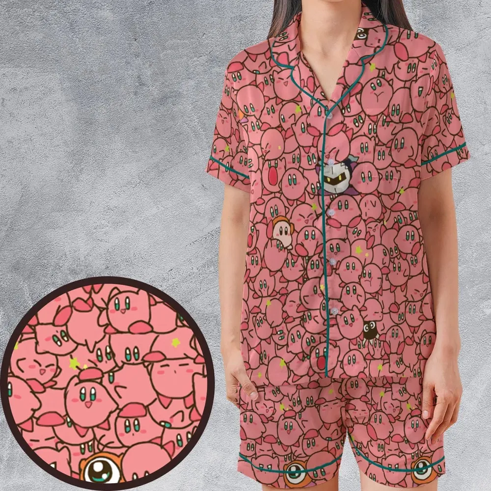 Cute Kirby Waddle Doo Bandana Waddle Dee Meta Knight Kirby's Characters Satin Short-Sleeve Pajamas Set - 1