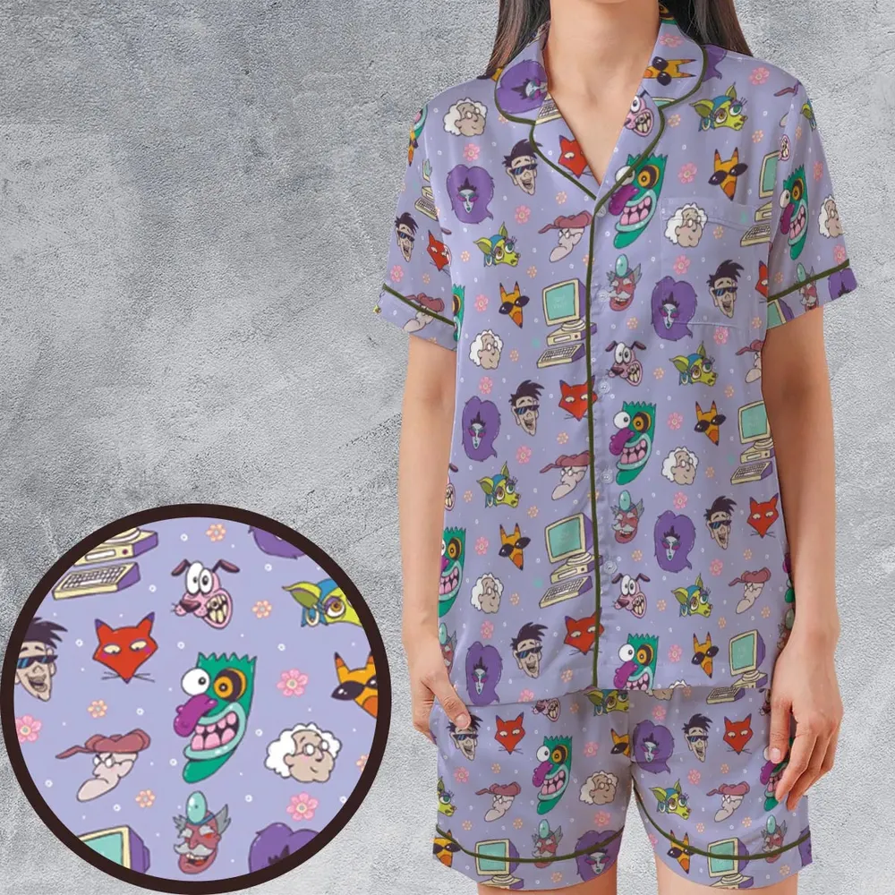 Courage the Cowardly Dog Characters Pattern Satin Short-Sleeve Pajamas Set - 1