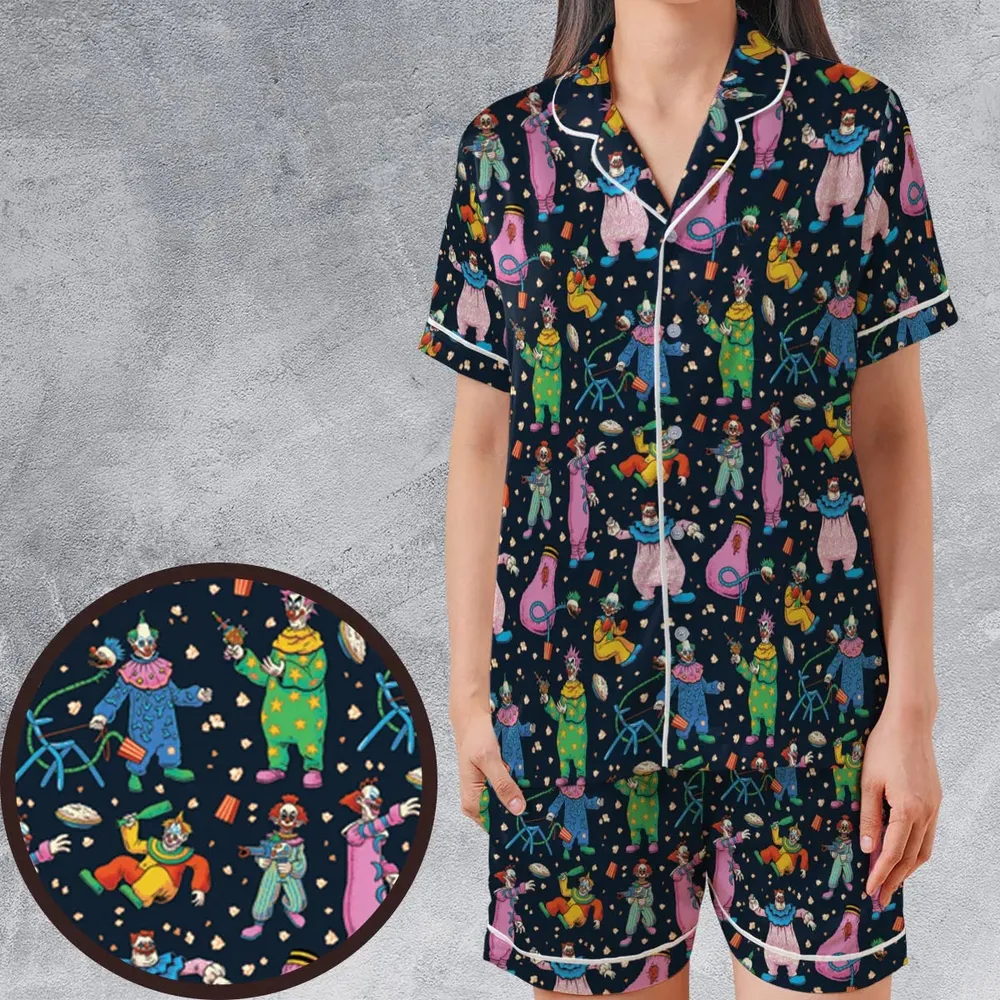 Clowns Popcorn Killer Klowns from Outer Space Pattern Satin Short-Sleeve Pajamas Set - 1