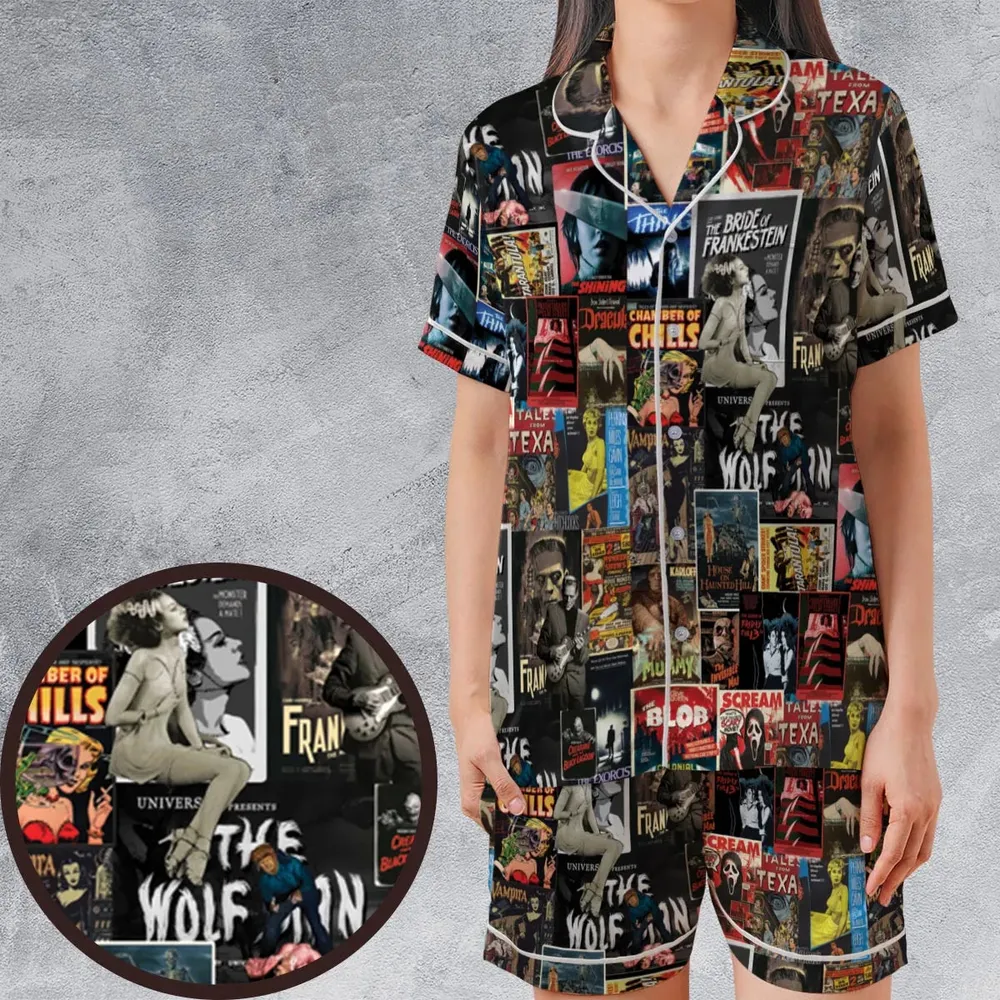 Classic Horror Movie Posters Monster Universal Scream Ghostface The Thing Satin Short-Sleeve Pajamas Set - 1