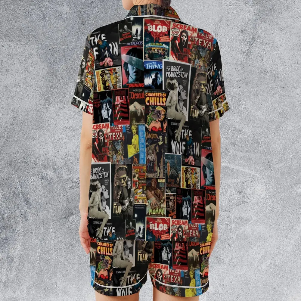 Classic Horror Movie Posters Monster Universal Scream Ghostface The Thing Satin Short-Sleeve Pajamas Set - 2