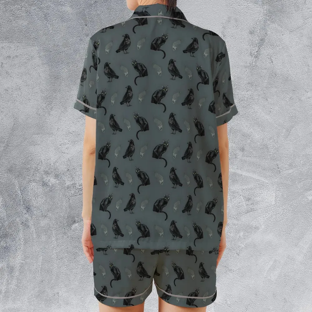 Cat and Raven Edgar Allan Poe Pattern Satin Short-Sleeve Pajamas Set - 2